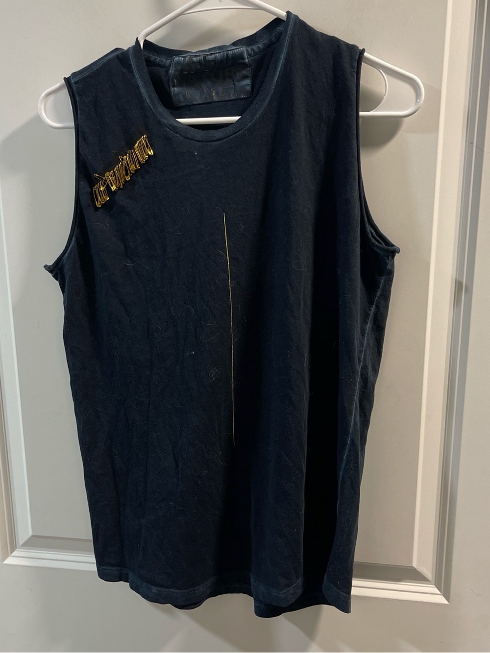 Black Sleeveless Muscle Tee with Gold Pin Detail